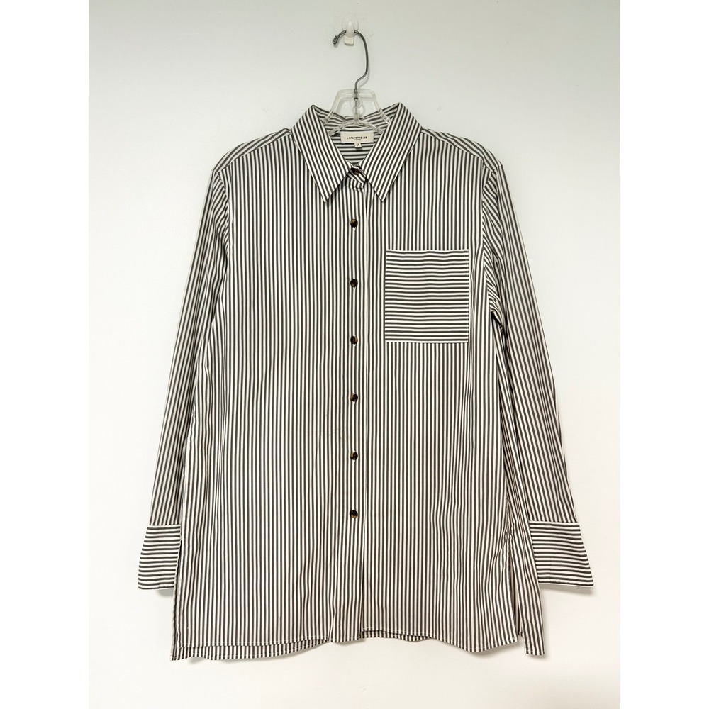 Lafayette 148 New York Womens Grey White Striped Button Down Shirt Small - Picture 1 of 8